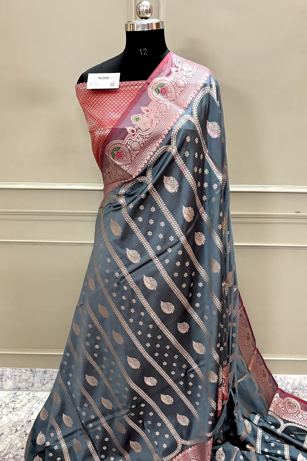Grey and Red Zari Banarasi Silk Saree
