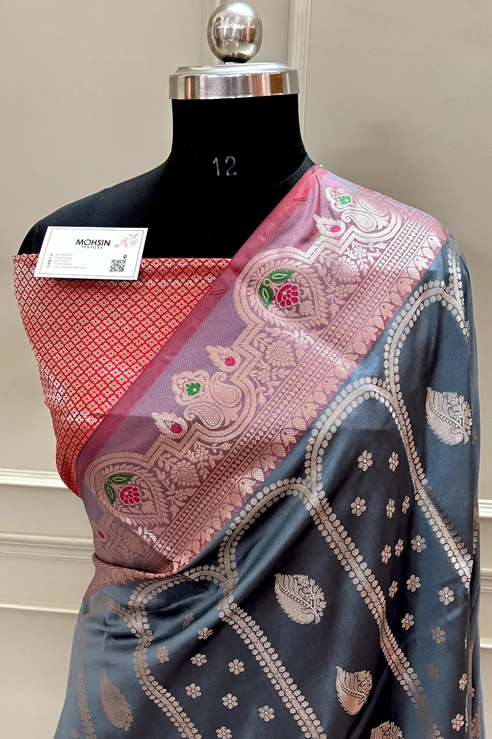 Grey and Red Zari Banarasi Silk Saree