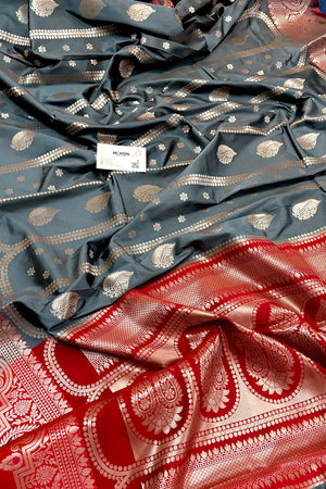 Grey and Red Zari Banarasi Silk Saree