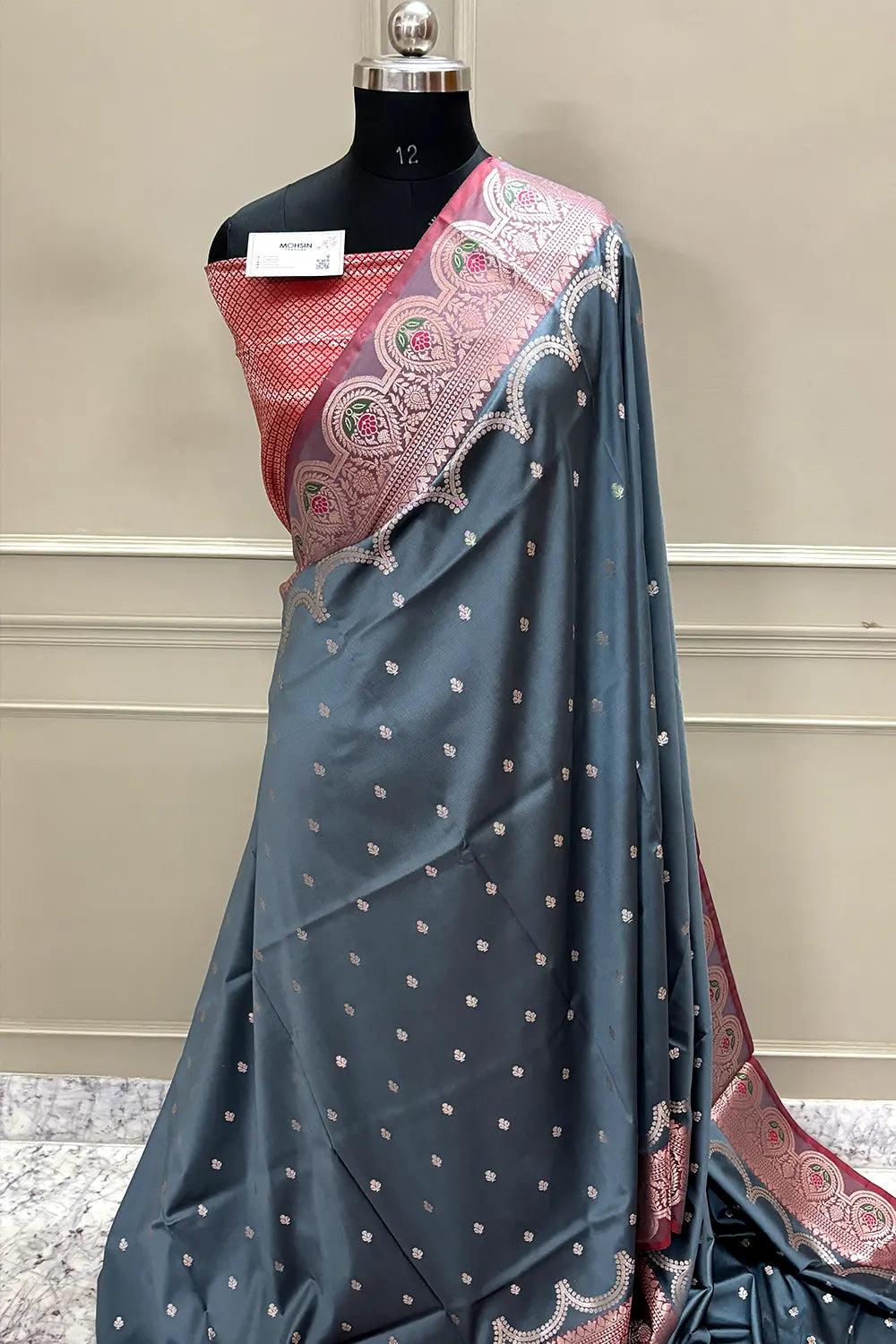 Grey and Red Zari Banarasi Silk Saree