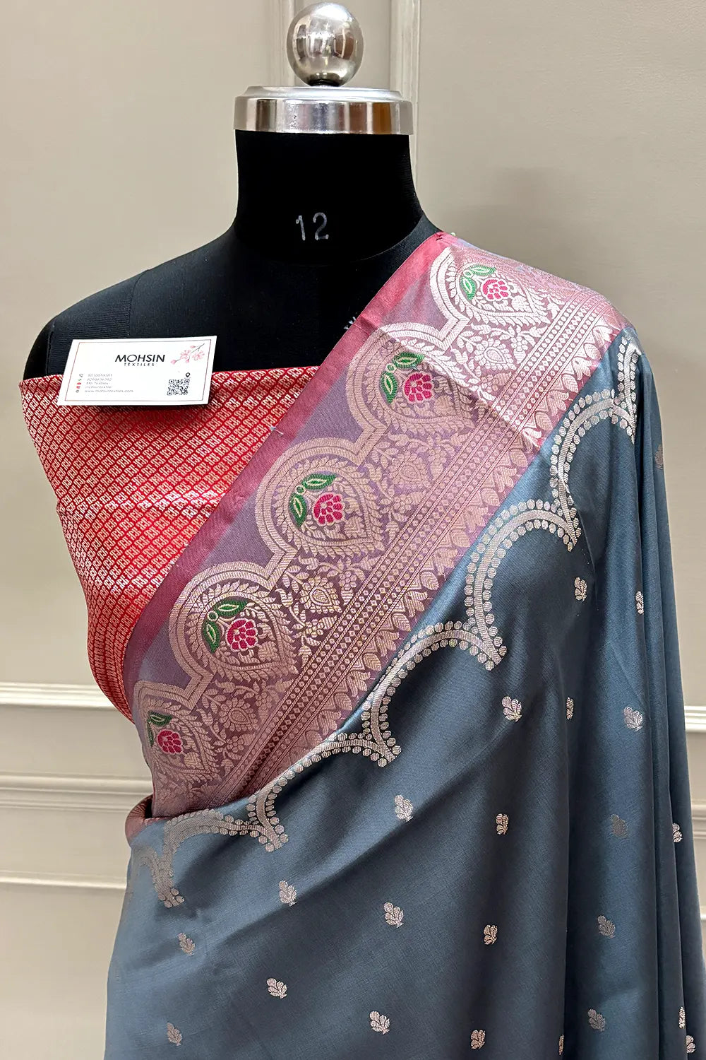 Grey and Red Zari Banarasi Silk Saree