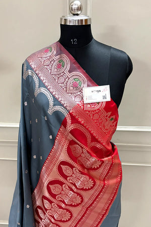 Grey and Red Zari Banarasi Silk Saree
