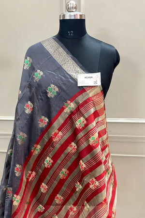 Grey and Red Zari Resham Silk Banarasi Saree