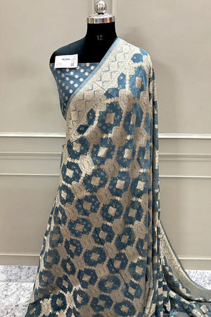 Grey Bandhej Georgette Silk Banarasi Saree