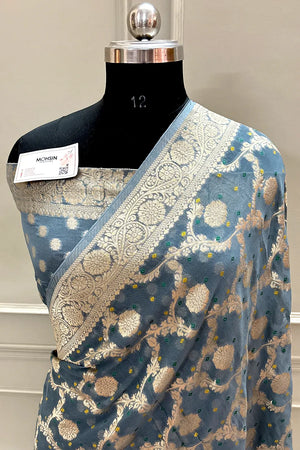 Grey Bandhej Georgette Silk Banarasi Saree