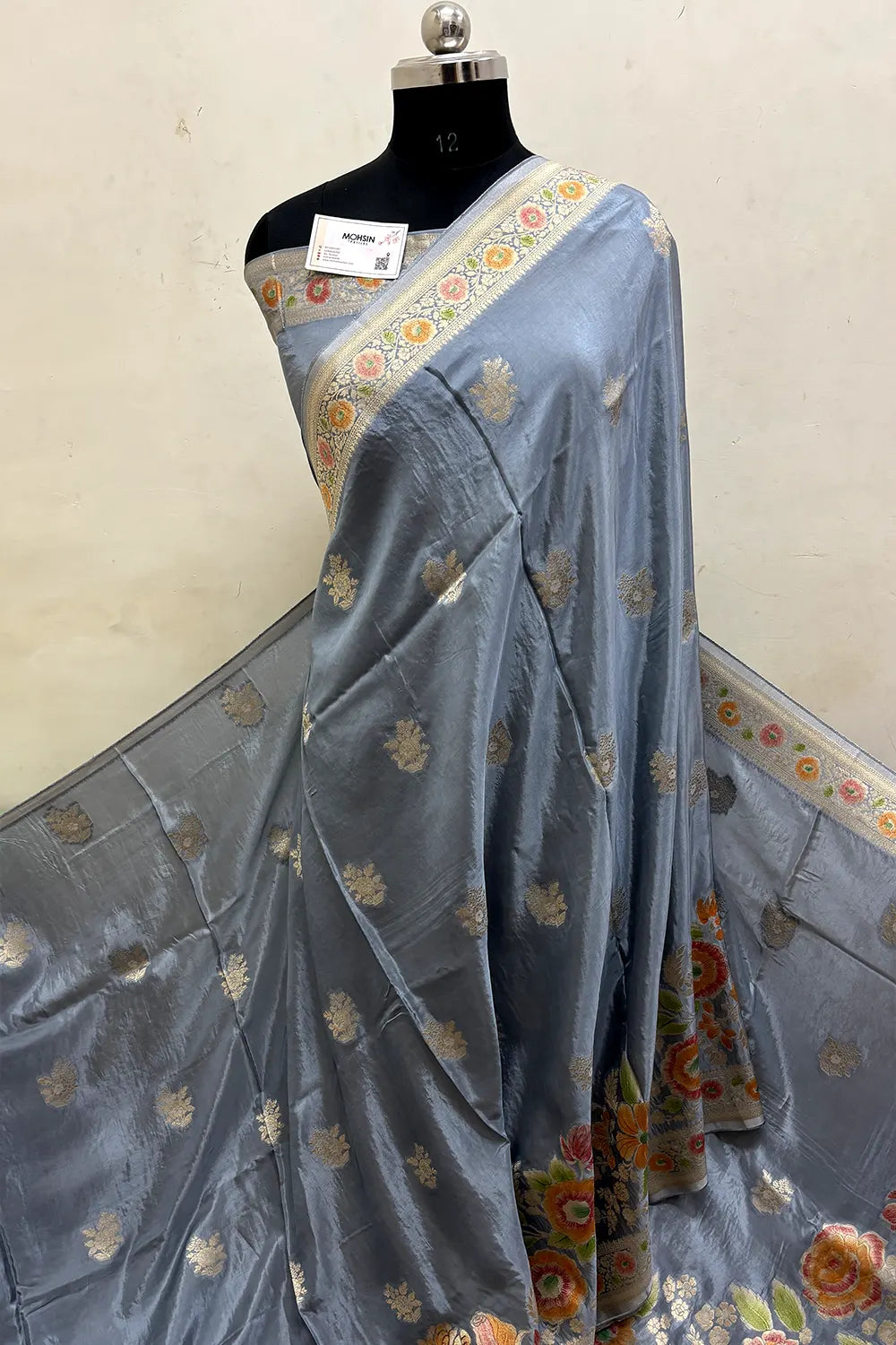 Grey Zari Georgette Silk Banarasi Saree