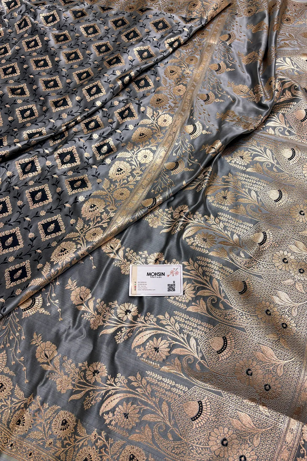 Grey Heera Jaal Katan Mashru Silk Banarasi Saree