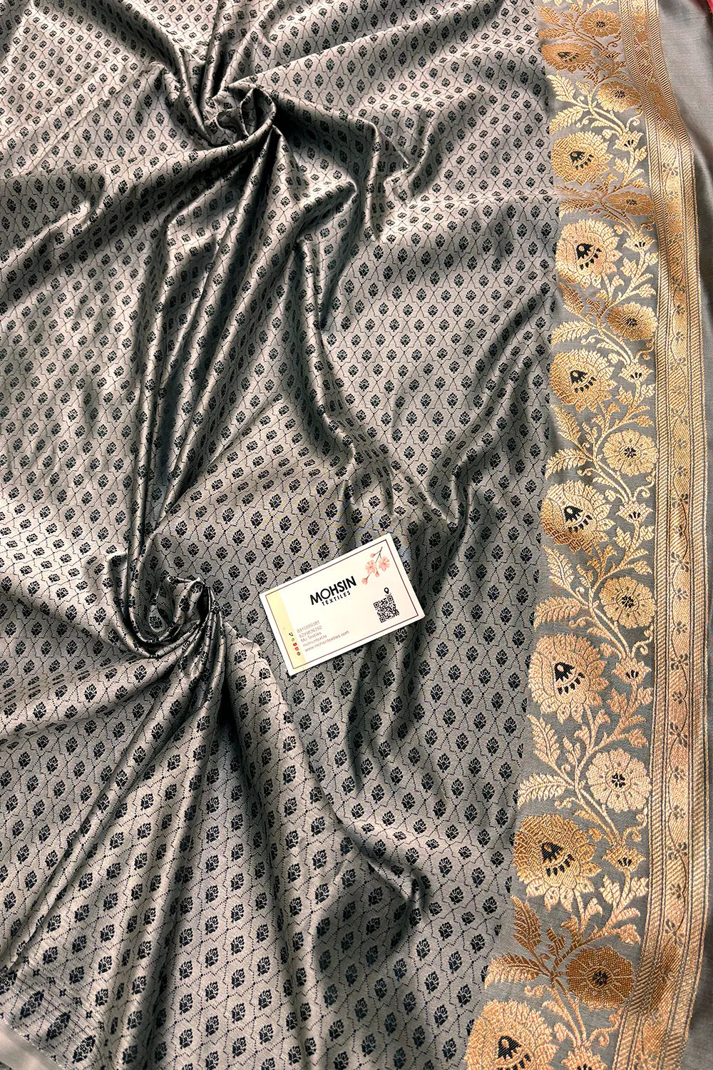 Grey Heera Jaal Katan Mashru Silk Banarasi Saree