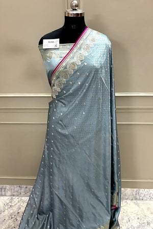 Grey Jadi Buti Siroski Stone Katan Silk Banarasi Saree