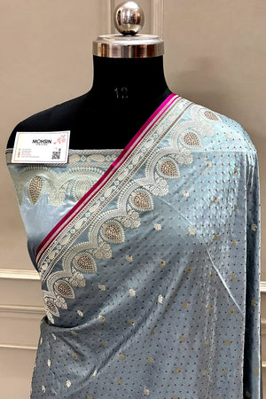 Grey Jadi Buti Siroski Stone Katan Silk Banarasi Saree
