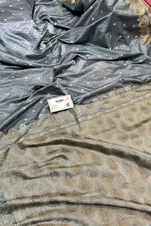 Grey Jadi Buti Siroski Stone Katan Silk Banarasi Saree