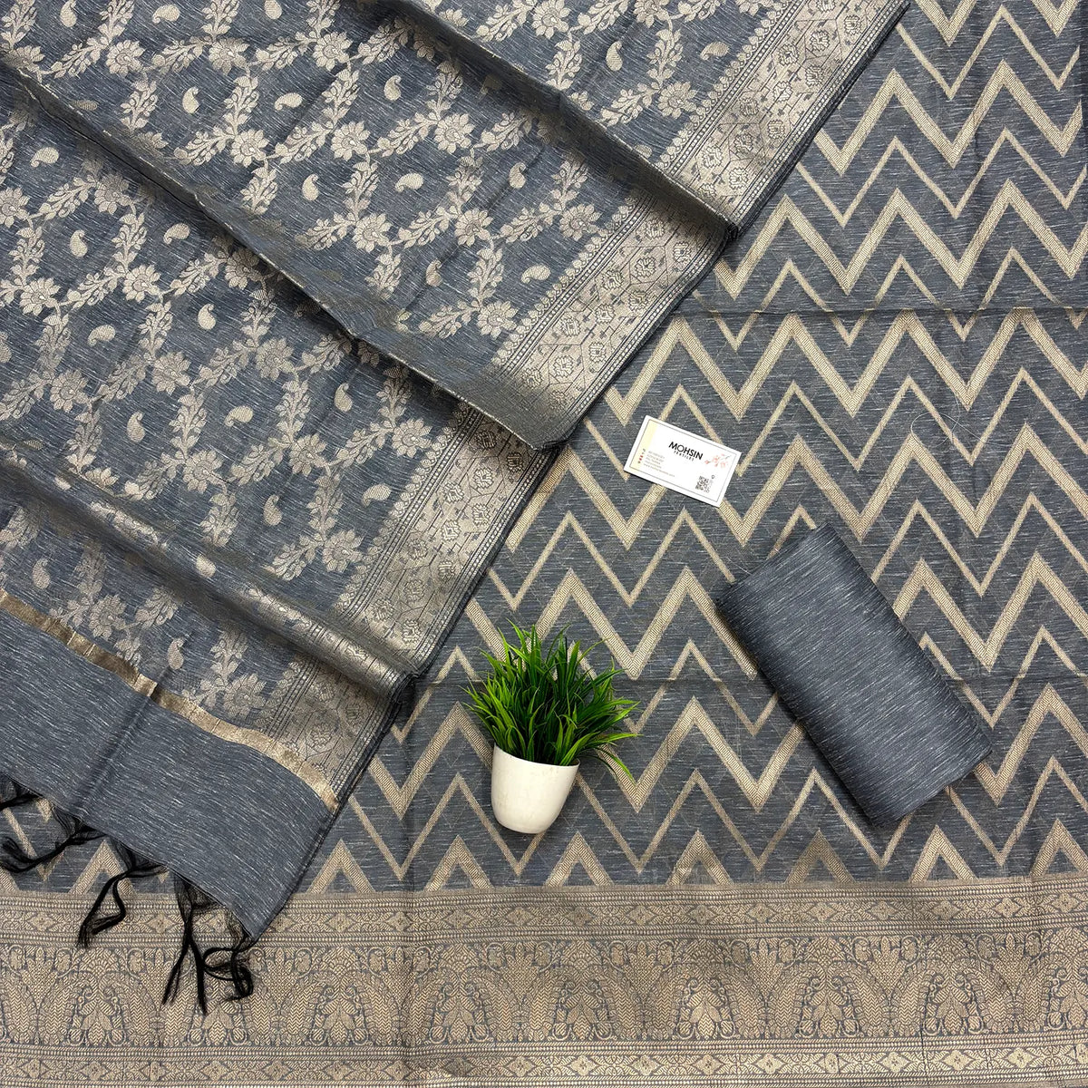 Grey Linen Silk Banarasi Suit