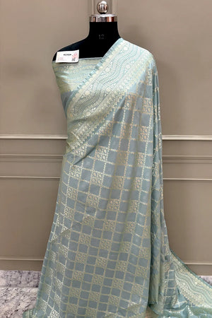 Grey Pi Jaal Katan Silk Banarasi Saree