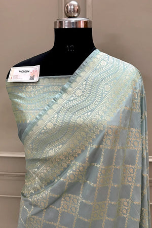 Grey Pi Jaal Katan Silk Banarasi Saree