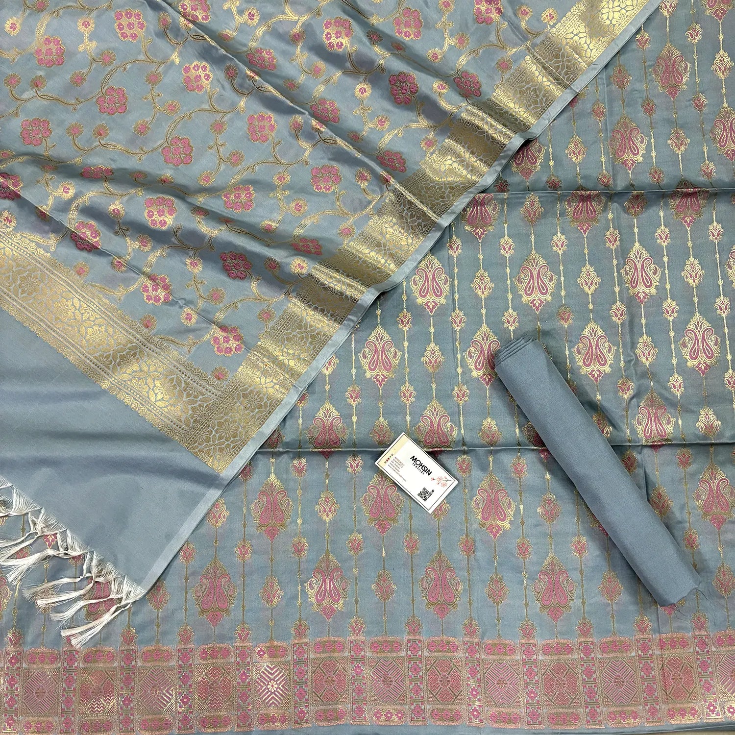 Grey Pink Meena Katan Silk Banarasi Suit