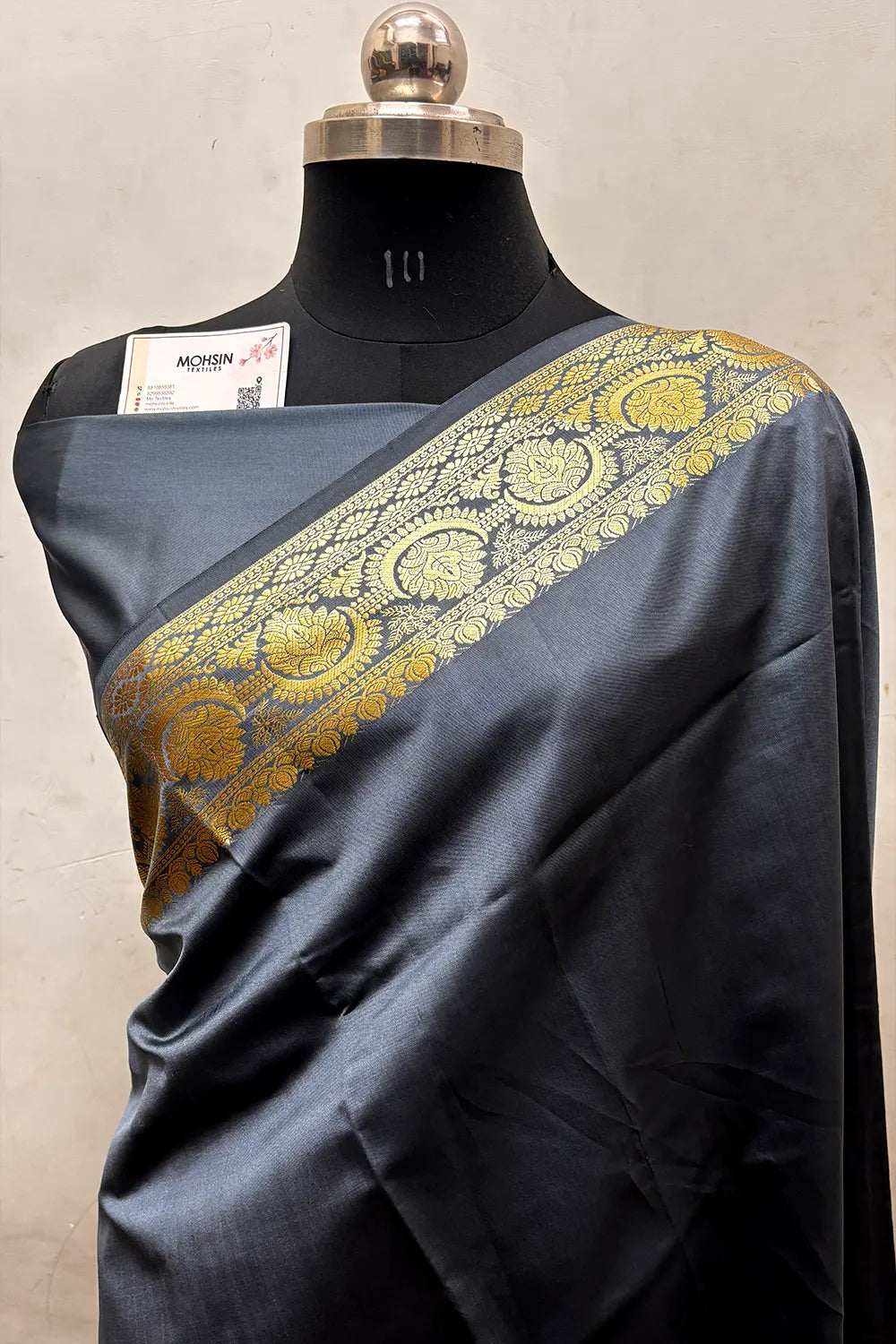 Grey Plain Semi Katan Silk Banarasi Saree