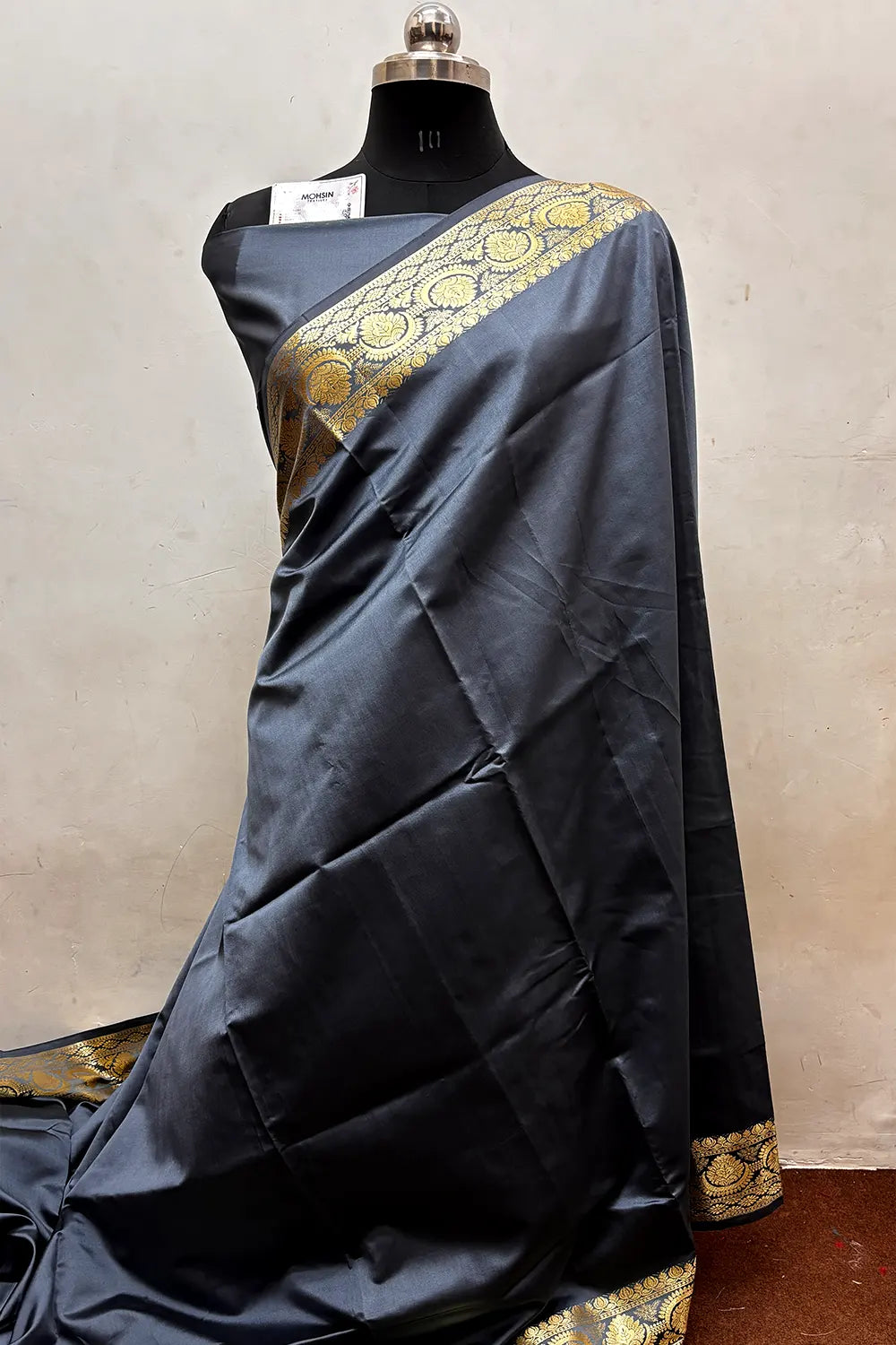 Grey Plain Semi Katan Silk Banarasi Saree
