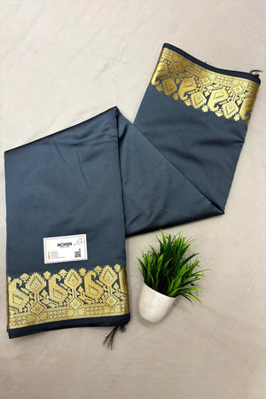 Grey Plain Semi Katan Silk Banarasi Saree