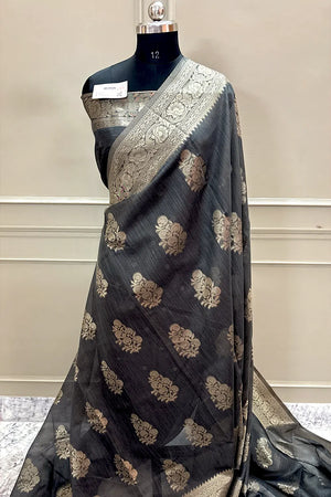 Grey Resham Zari Cotton Silk Banarasi Saree
