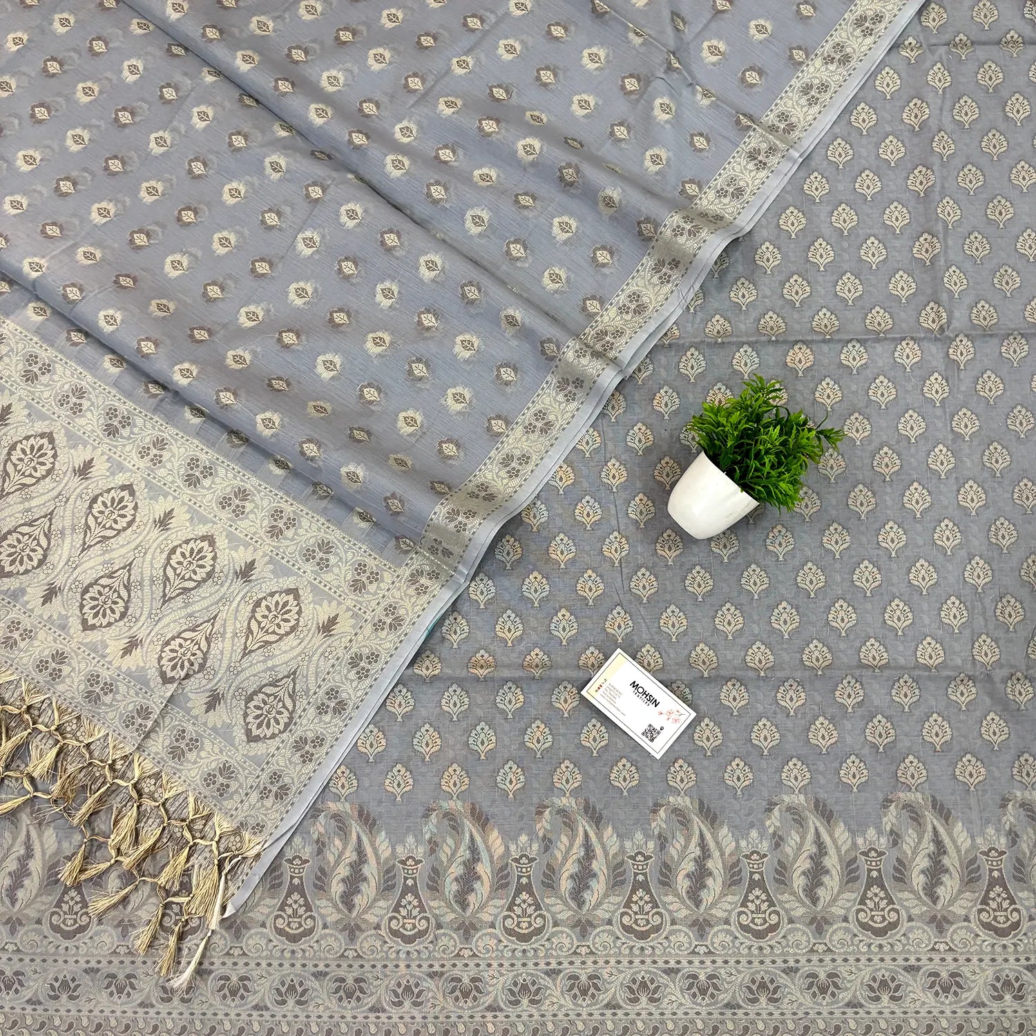 Grey Surahi Tree Cotton Silk Banarasi Suit