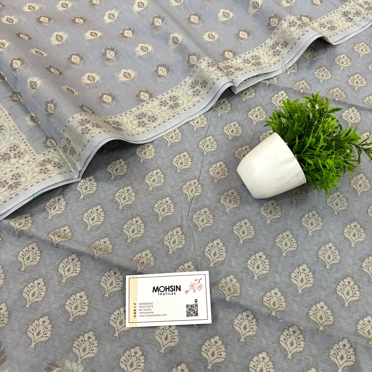 Grey Surahi Tree Cotton Silk Banarasi Suit