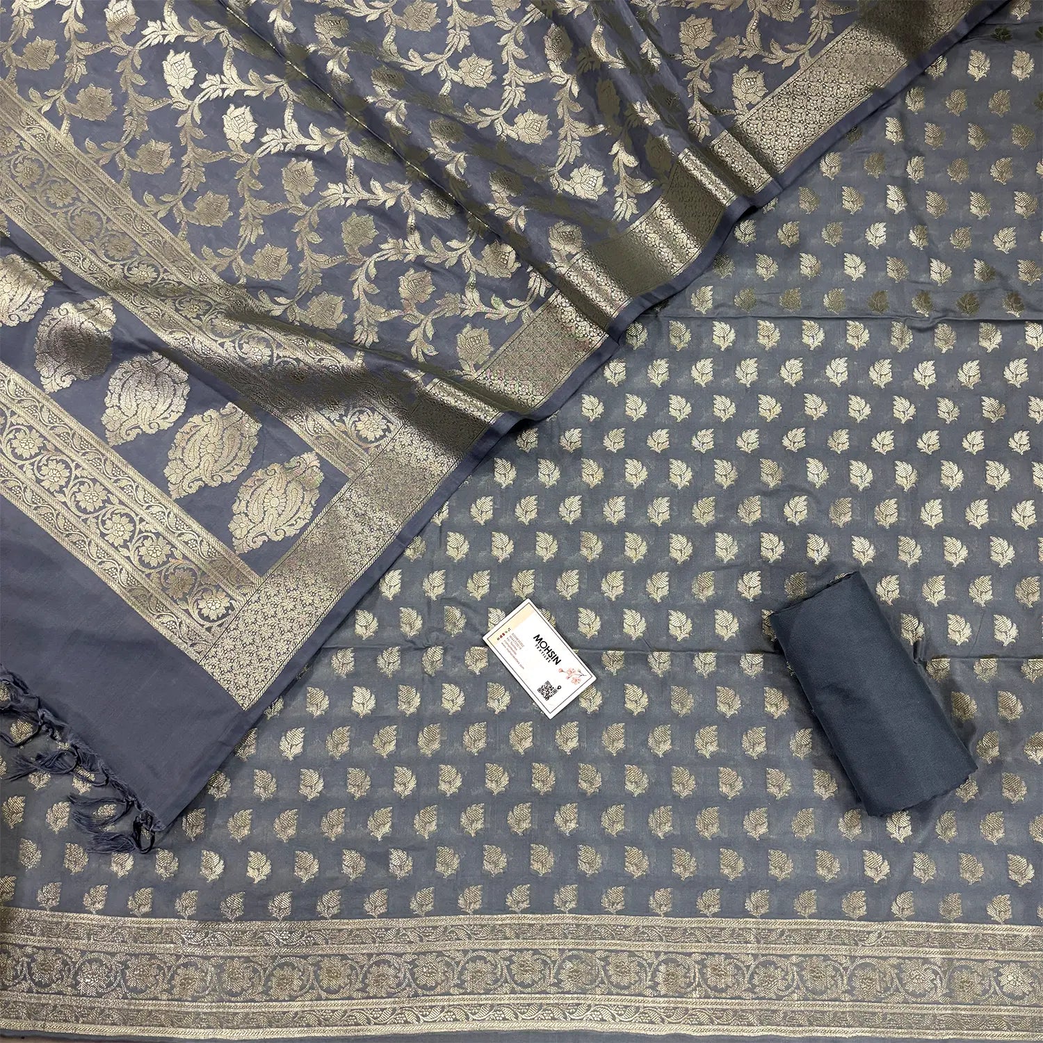 Grey Tedhi Patti Katan Silk Banarasi Suit