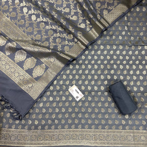 Grey Tedhi Patti Katan Silk Banarasi Suit