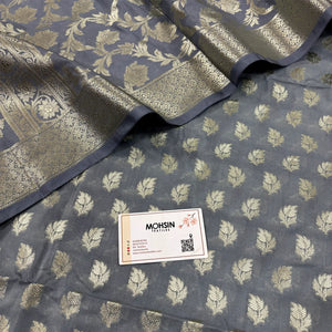 Grey Tedhi Patti Katan Silk Banarasi Suit