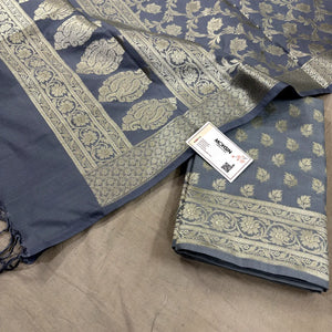 Grey Tedhi Patti Katan Silk Banarasi Suit