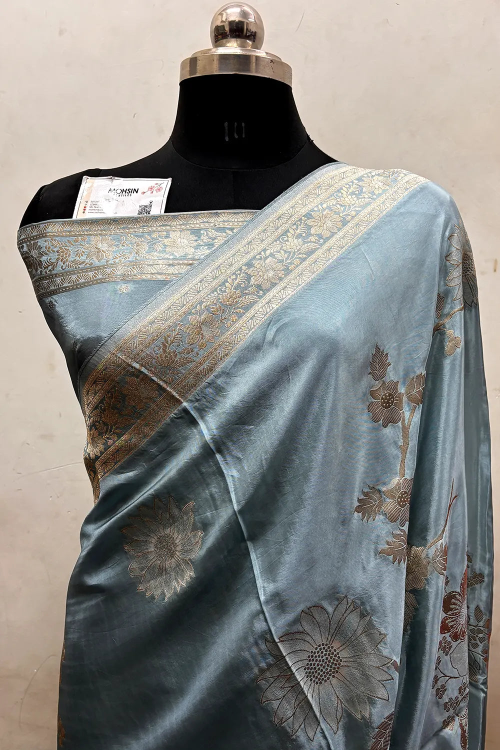 Grey Zari Viscose Georgette Silk Banarasi Saree