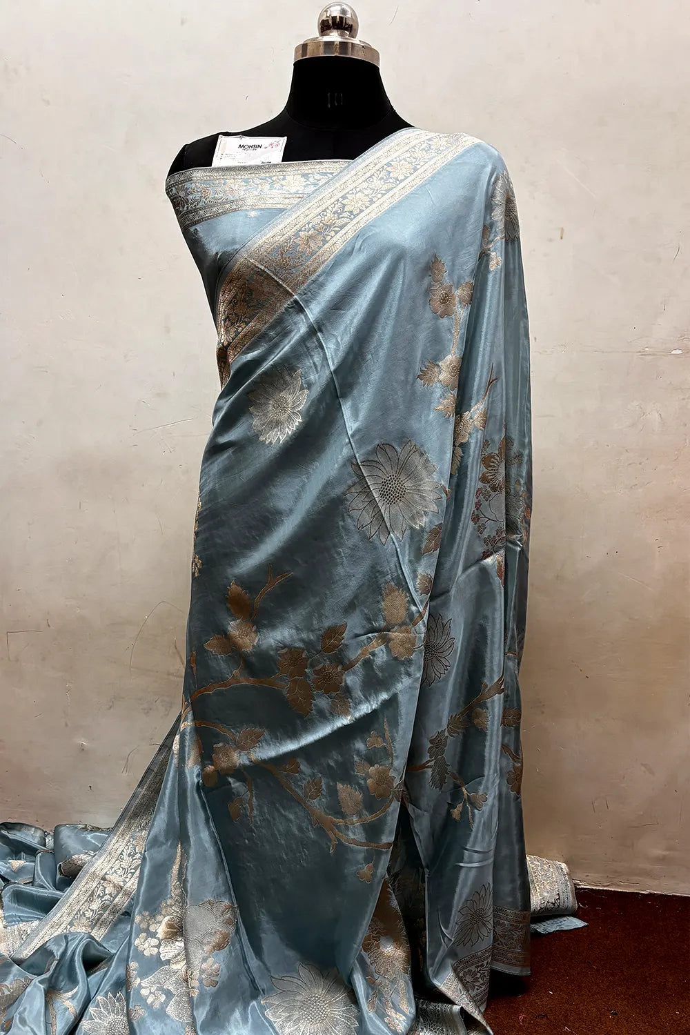 Grey Zari Viscose Georgette Silk Banarasi Saree