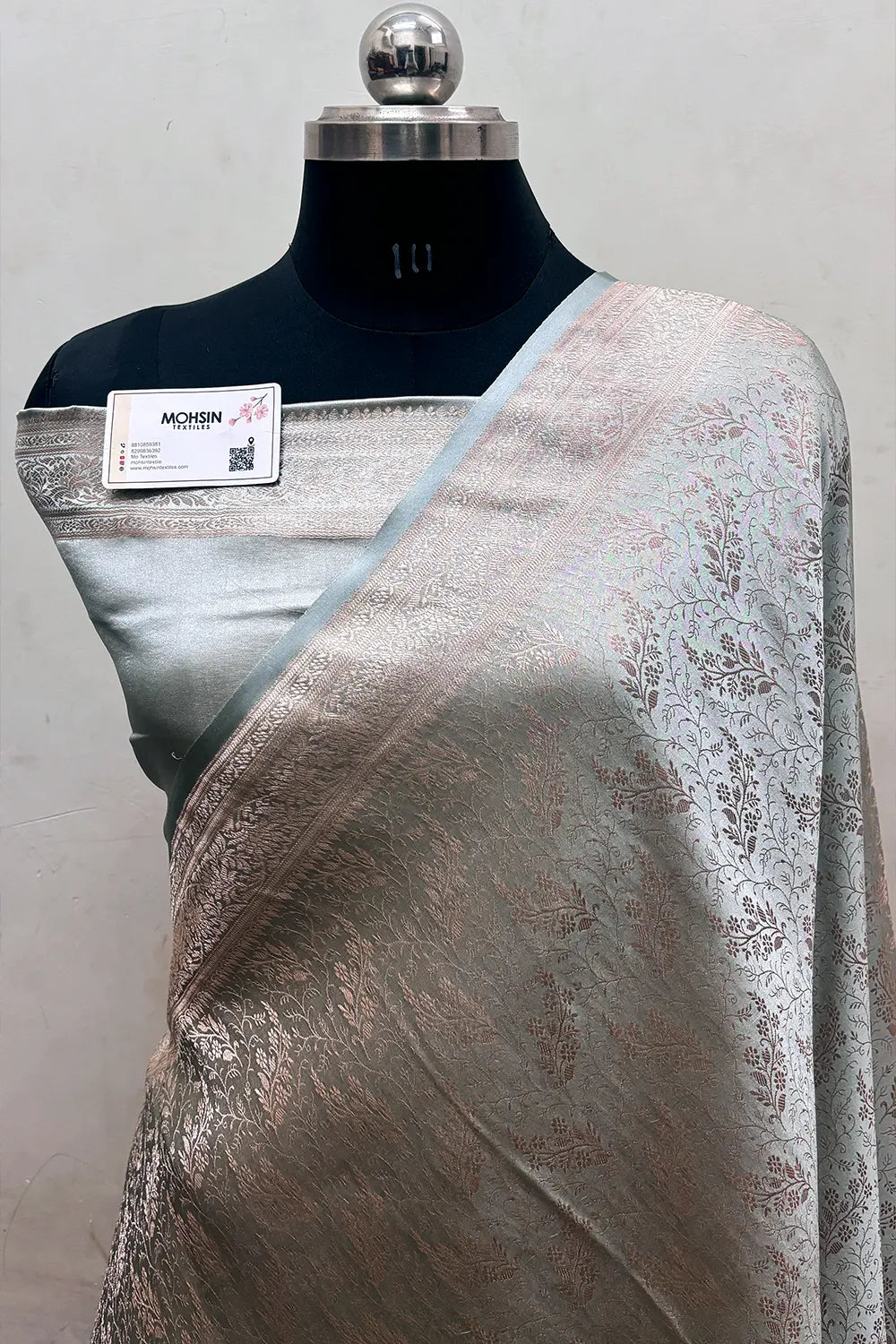Grey Zari Katan Jamdani Silk Banarasi Saree