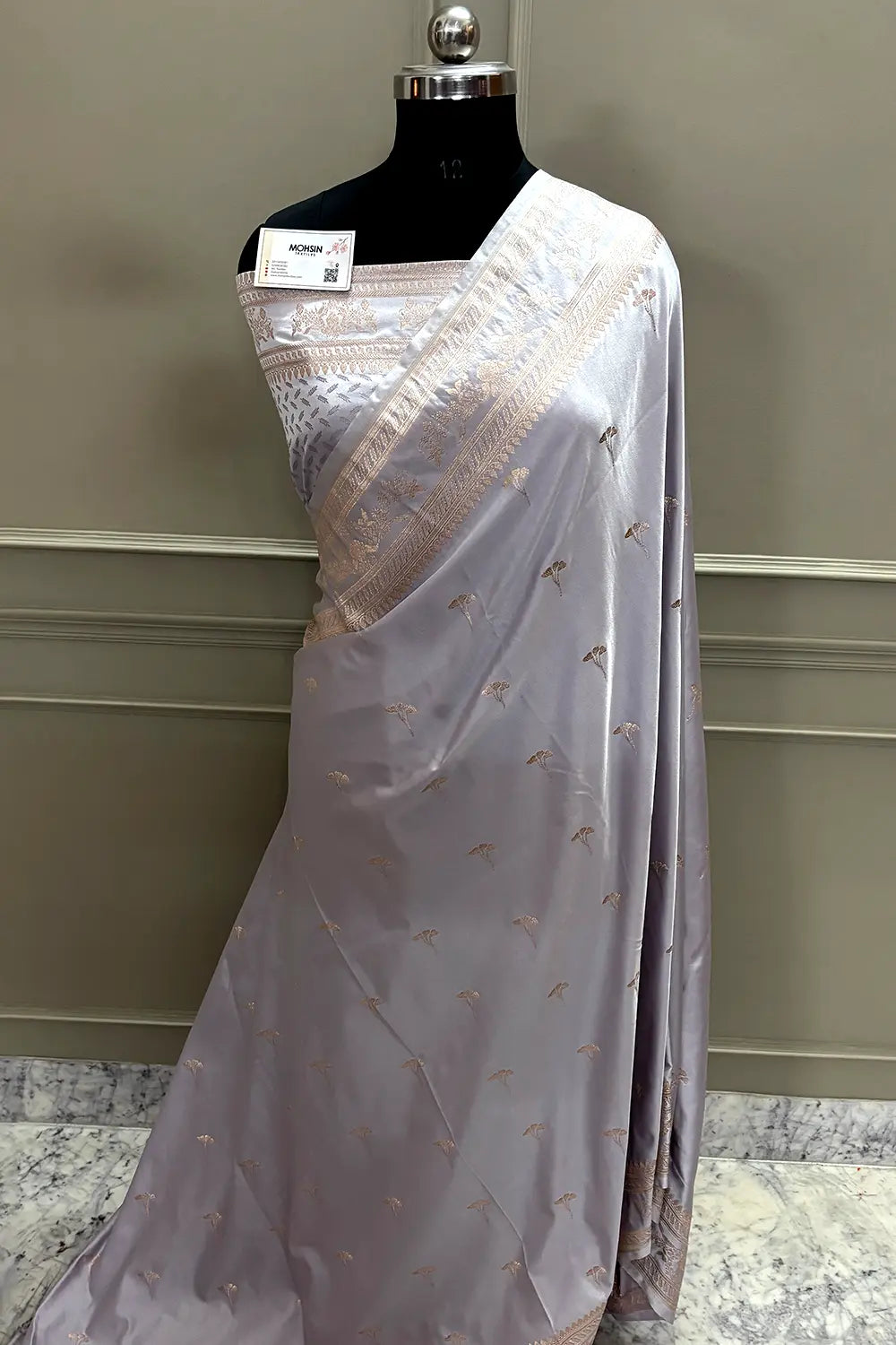 Grey Zari Katan Mashru Silk Banarasi Saree