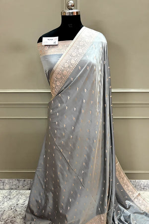 Grey Zari Katan Silk Banarasi Saree