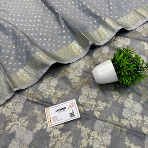 Grey Zari Katan Silk Banarasi Suit