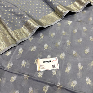 Grey Zari Katan Silk Banarasi Suit