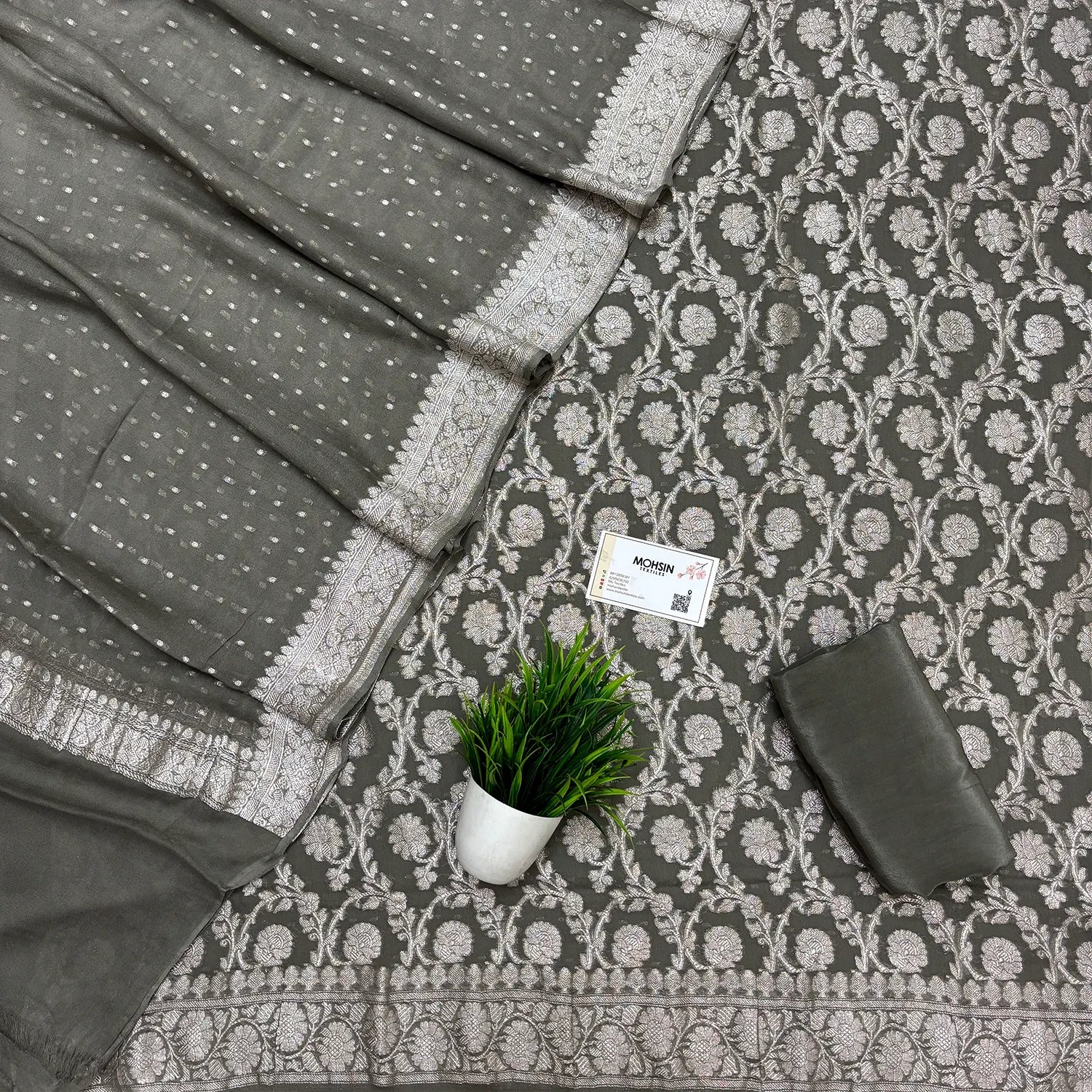 Grey Zari Pure Georgette Silk Banarasi Suit