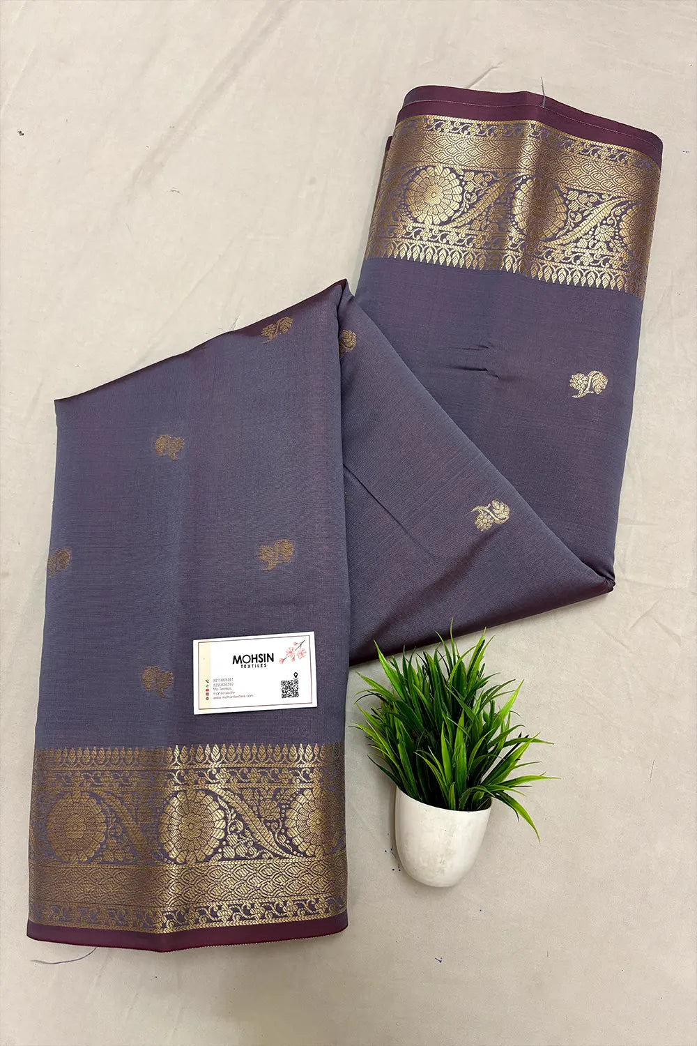 Grey Zari Semi Katan Silk Banarasi Saree