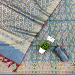 Greyish Firozi Yoga Jaal Cotton Silk Banarasi Suit