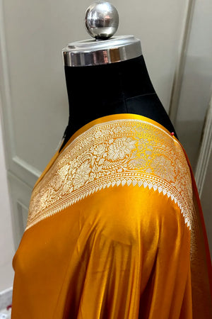 Haldi Mustard Plain Zari Katan Mashru Silk Banarasi Saree