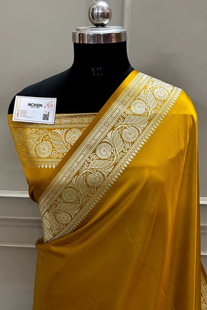 Haldi Mustard Royal Plain Katan Satin Silk Banarasi Saree