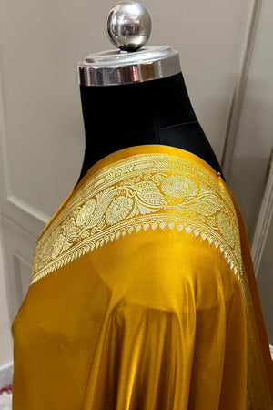 Haldi Mustard Royal Plain Katan Satin Silk Banarasi Saree