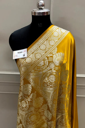 Haldi Mustard Royal Plain Katan Satin Silk Banarasi Saree