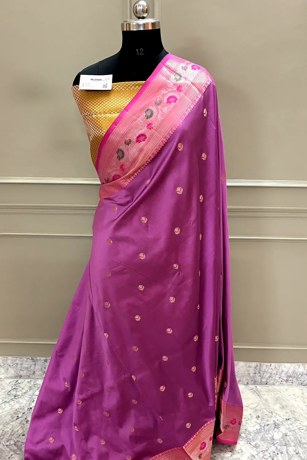 Lavender and Yellow Buti Banarasi Silk Saree
