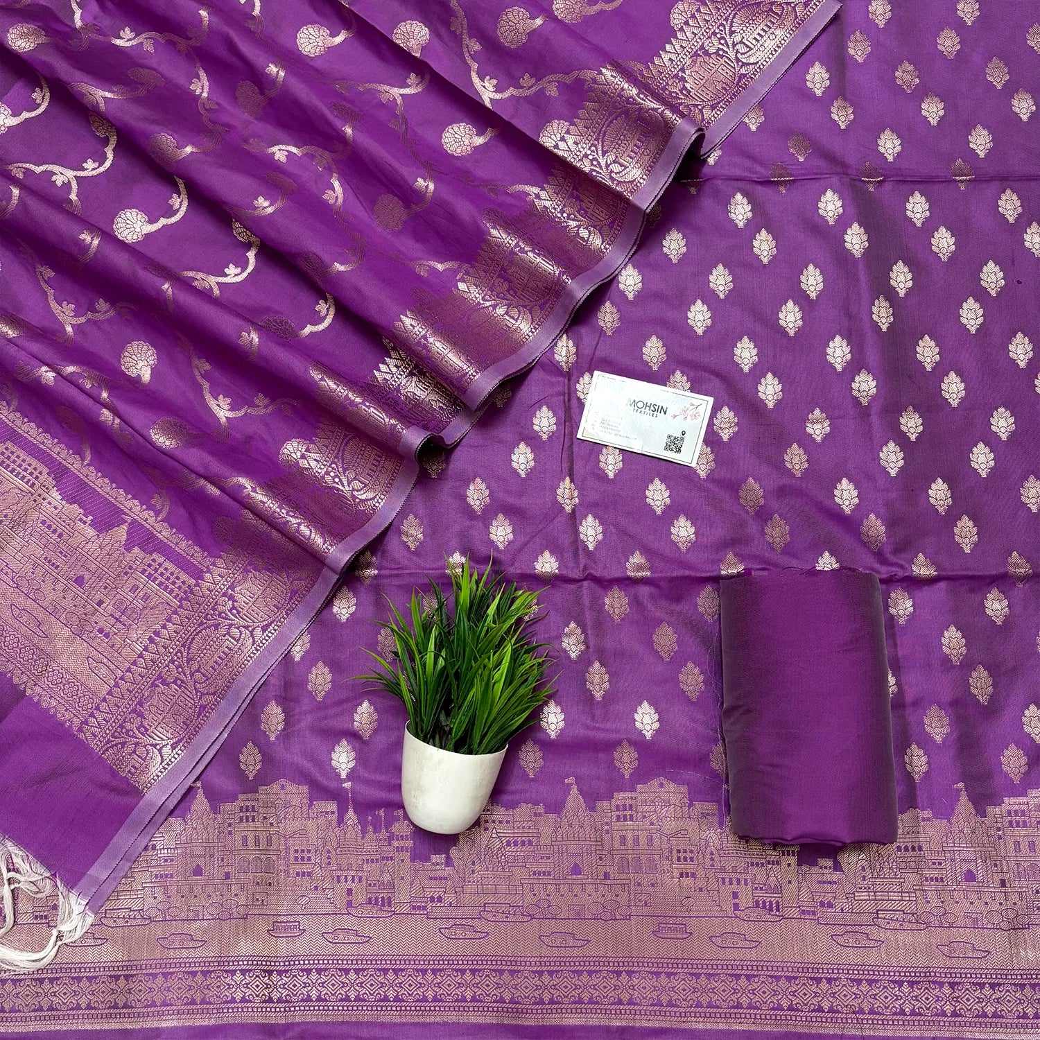 Lavender Assi Ghat Mandir Semi Katan Silk Banarasi Suit