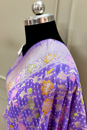 Lavender Bandhej Meena Georgette Silk Banarasi Saree