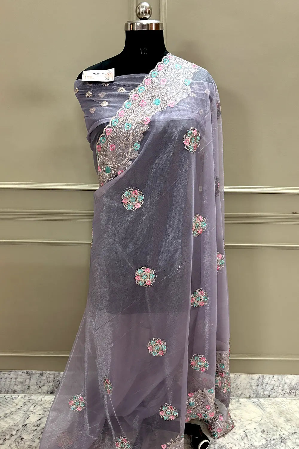 Lavender Embroidery Swarovski Brasso Net Saree