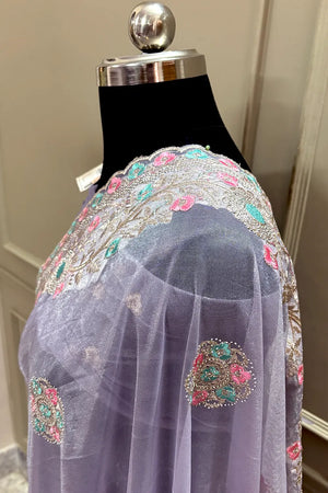 Lavender Embroidery Swarovski Brasso Net Saree