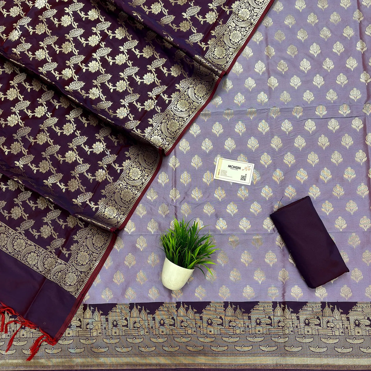 Lavender and Purple Ghat Buti Semi Katan Silk Banarasi Suit