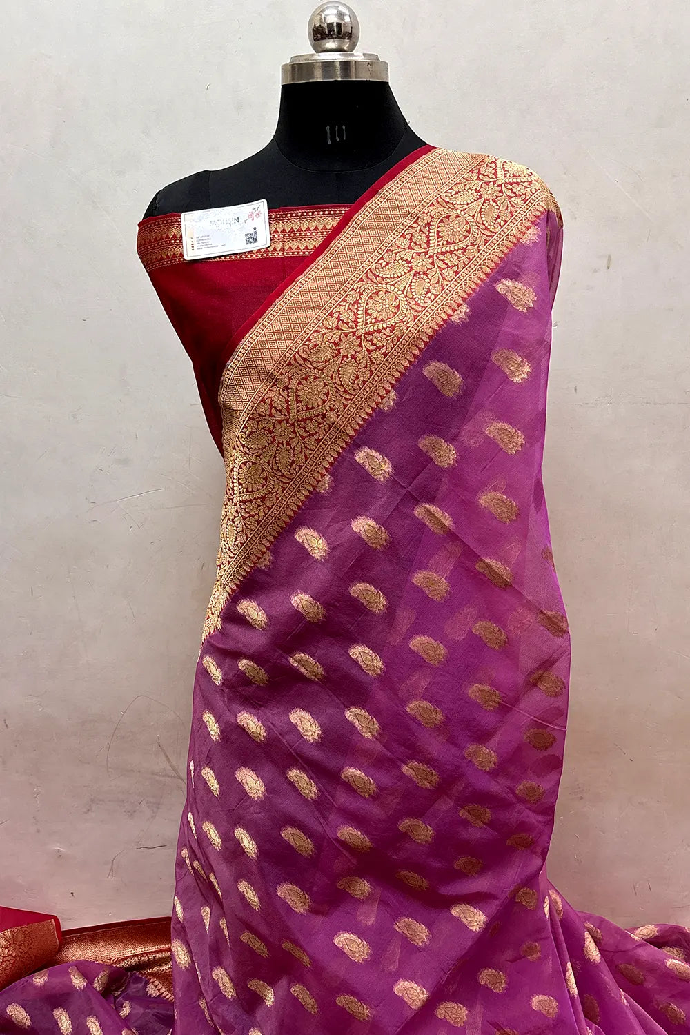 Lavender and Red Organza Silk Banarasi Saree